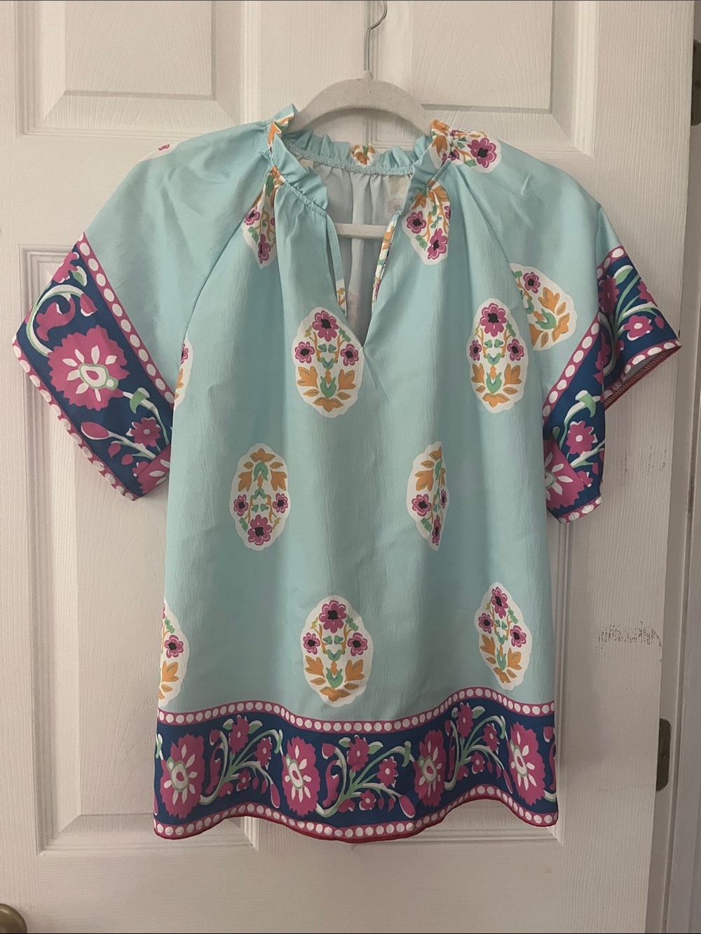 Women's Light Blue Floral Border Short Sleeve Top